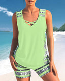Tankinis with Geometric Pattern and V-Neck