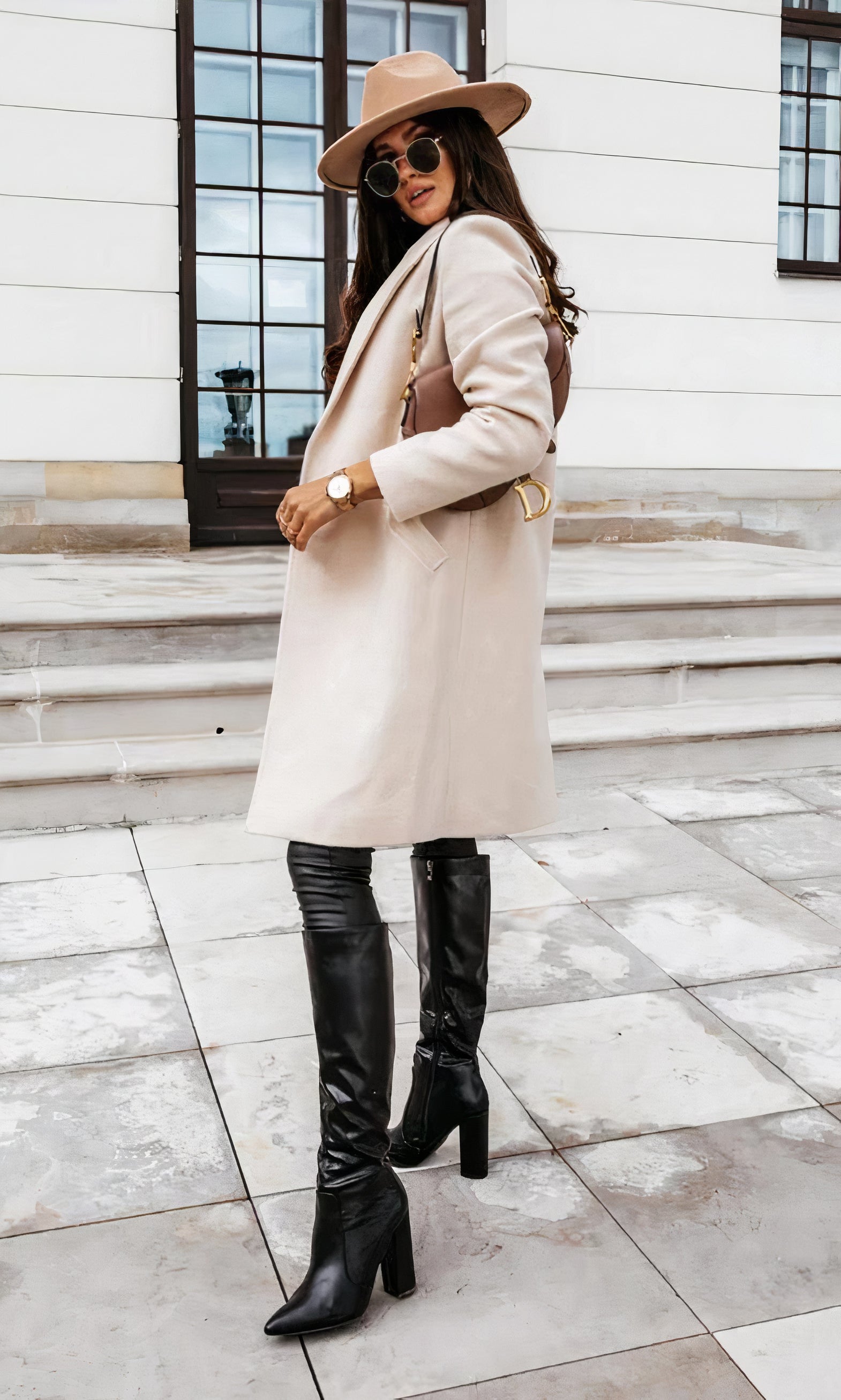Ladies' Winter Long Coat Tailored Fit Classic Collar Button Placket