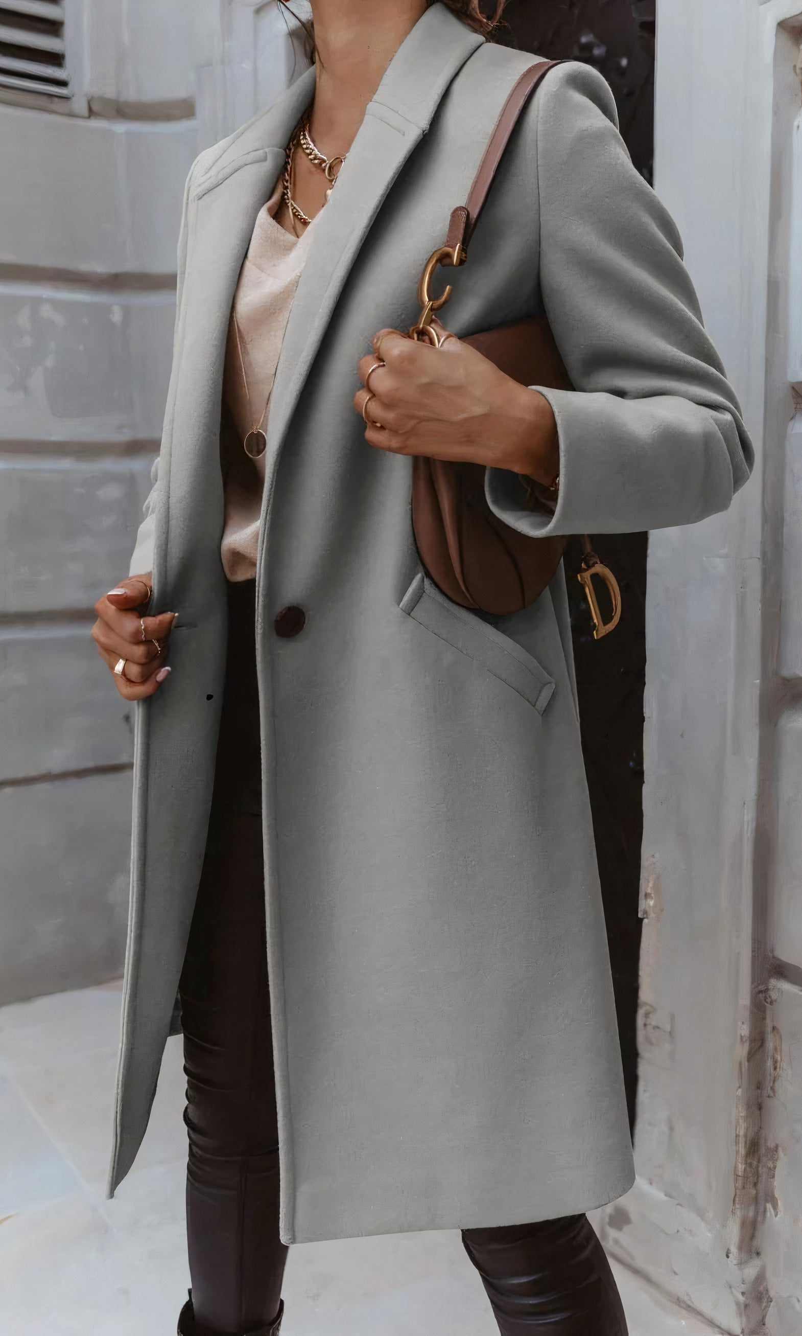 Women's Winter Long Coat Tailored Fit Classic Collar Button Placket