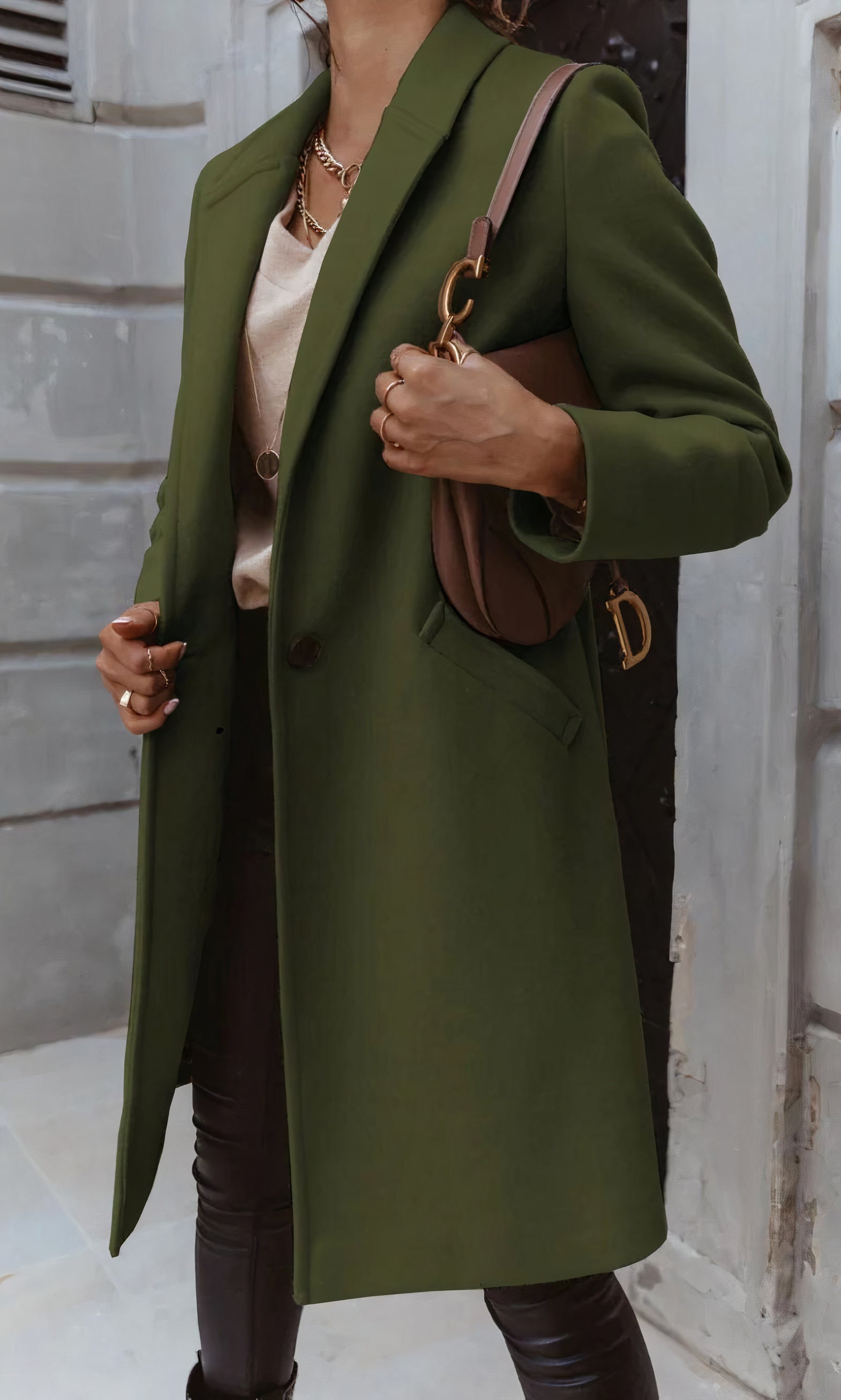Ladies' Winter Long Coat Tailored Fit Classic Collar Button Placket