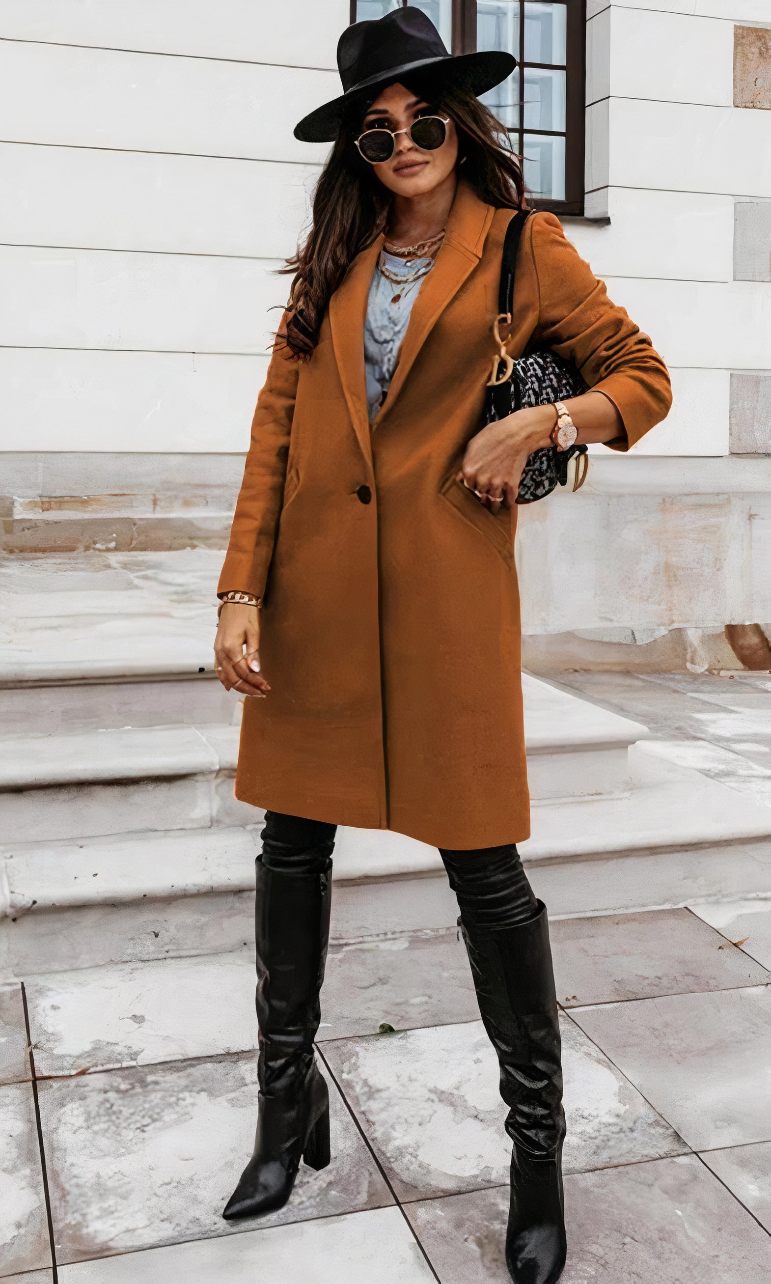 Ladies' Winter Long Coat Tailored Fit Classic Collar Button Placket