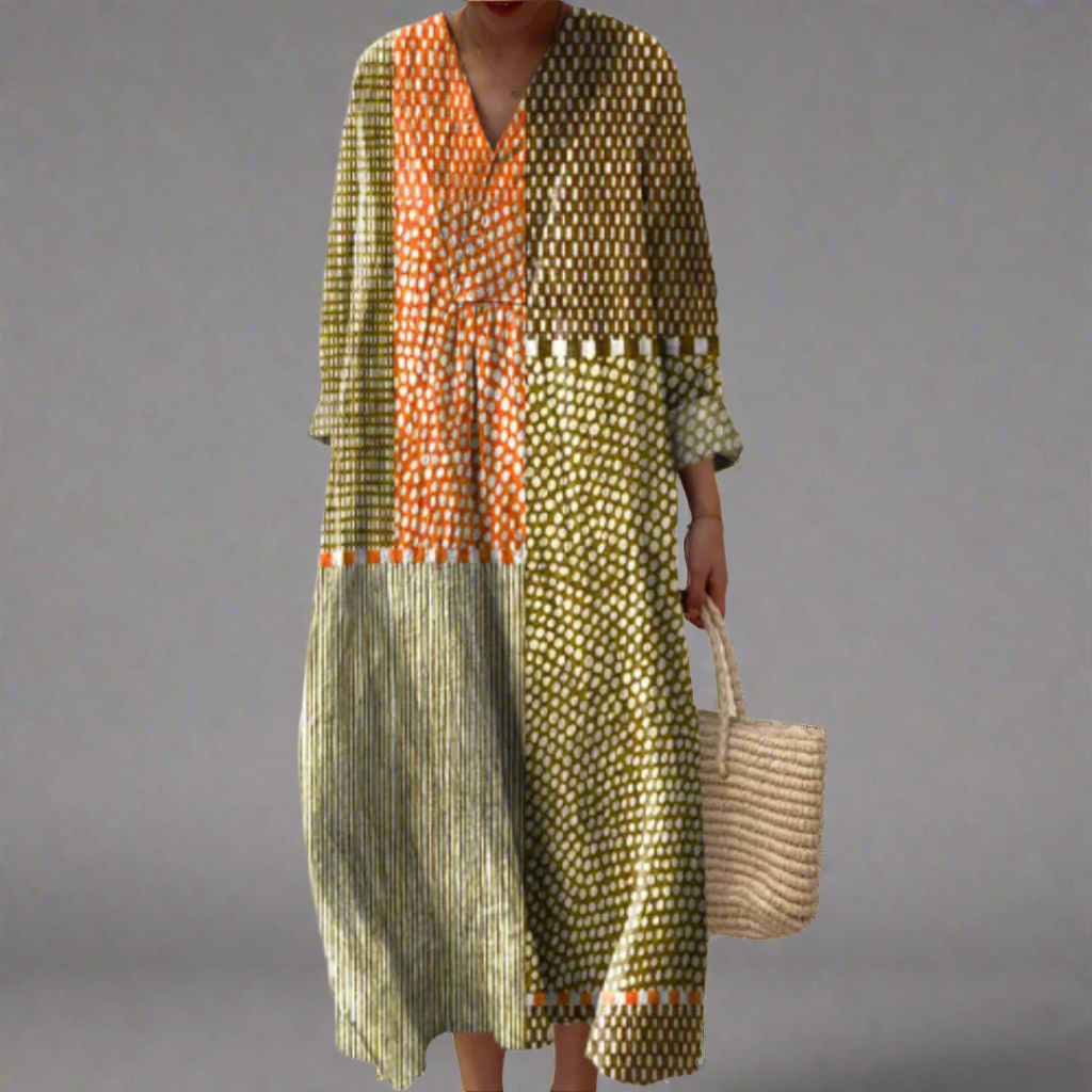 Vivienne™ | Earth-toned Patchwork Dot Midi Dress
