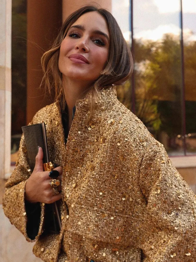 Summer Sequined Bomber Jacket with Elastic Waist and Ribbed Cuffs | Perfect for Special Occasions