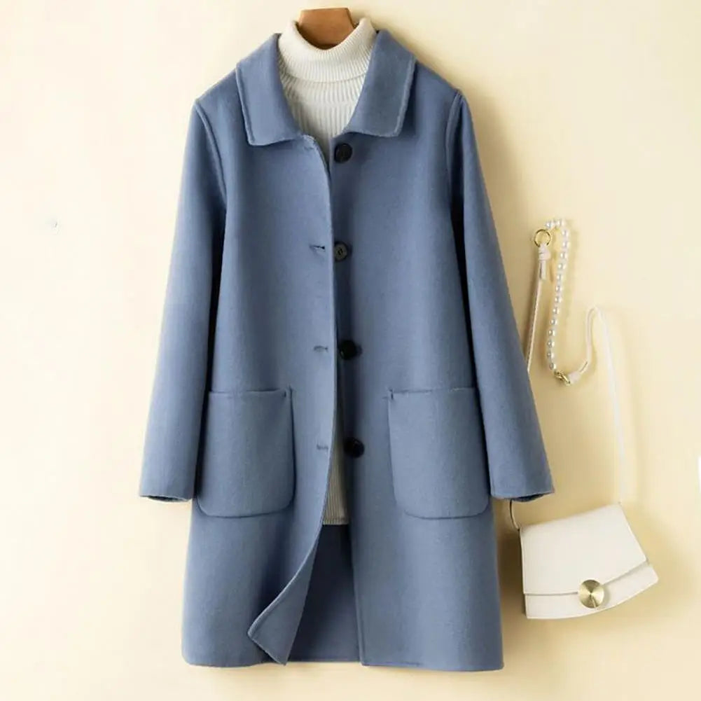 Long-Sleeved Wool Coat with Lapel Collar for Women