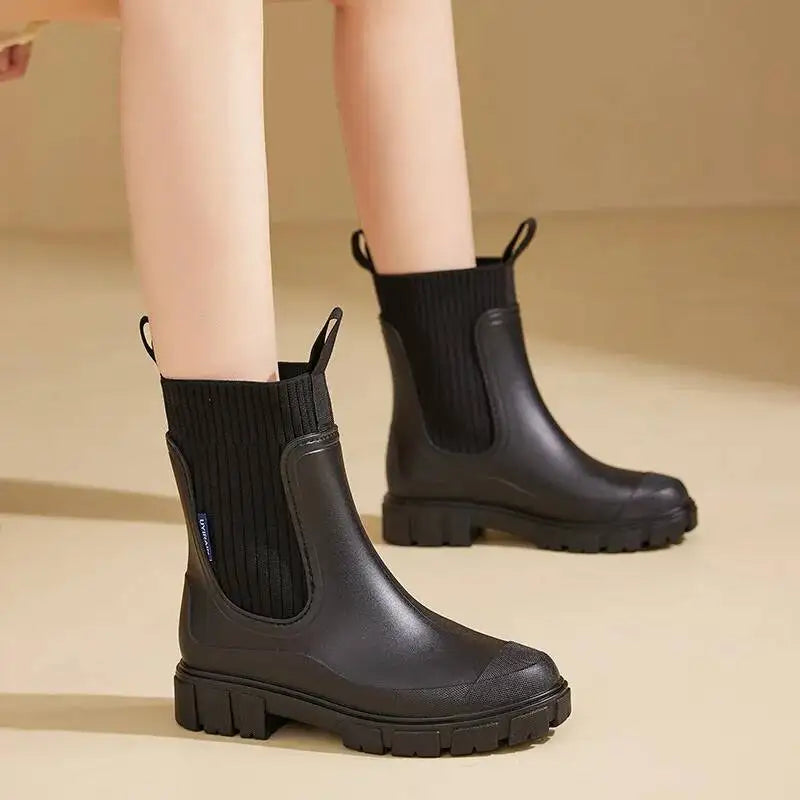 Chunky Chelsea Boots with Knit Insert – Pink Women's Ankle Boots