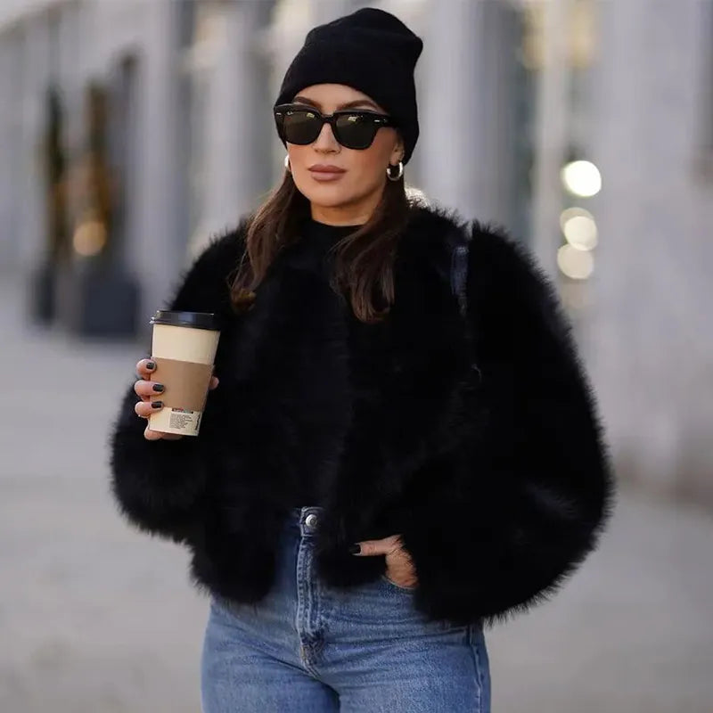 Short Faux Fur Coat with Notched Collar and Side Pockets | Ideal for Autumn and Spring