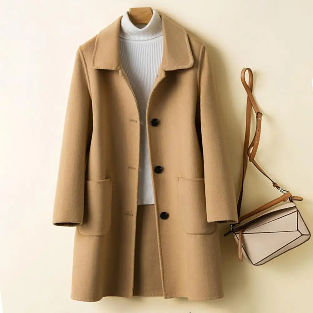 Long-Sleeved Wool Coat with Lapel Collar for Women