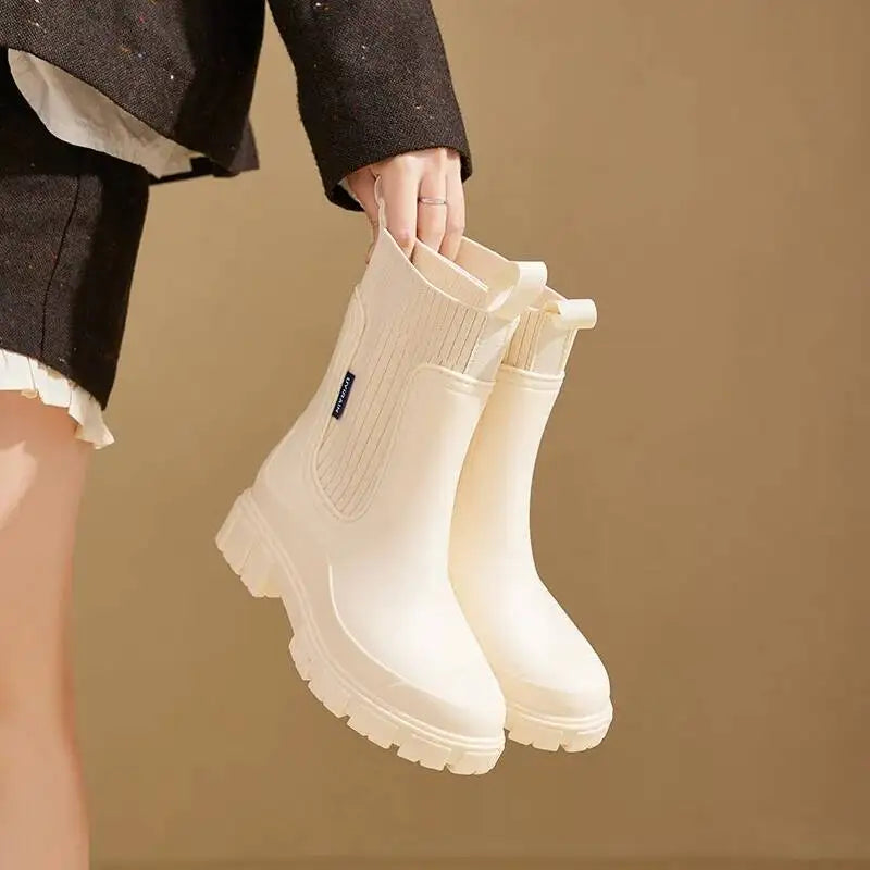 Chunky Chelsea Boots with Knit Insert – Pink Women's Ankle Boots