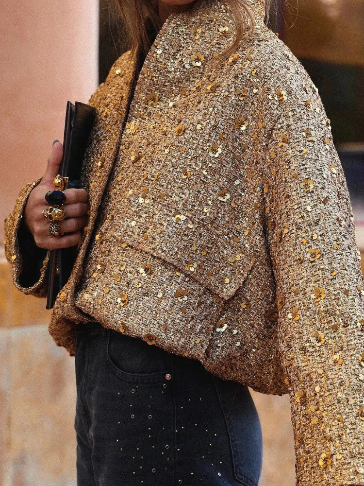Summer Sequined Bomber Jacket with Elastic Waist and Ribbed Cuffs | Perfect for Special Occasions