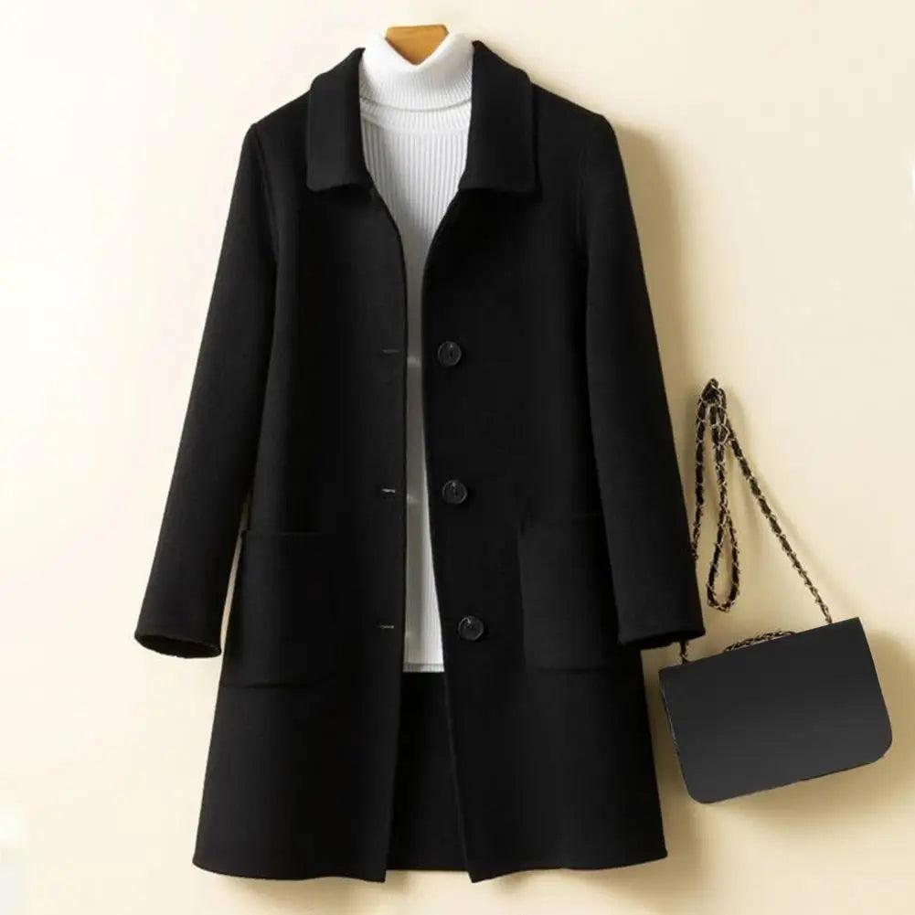 Long-Sleeved Wool Coat with Lapel Collar for Women