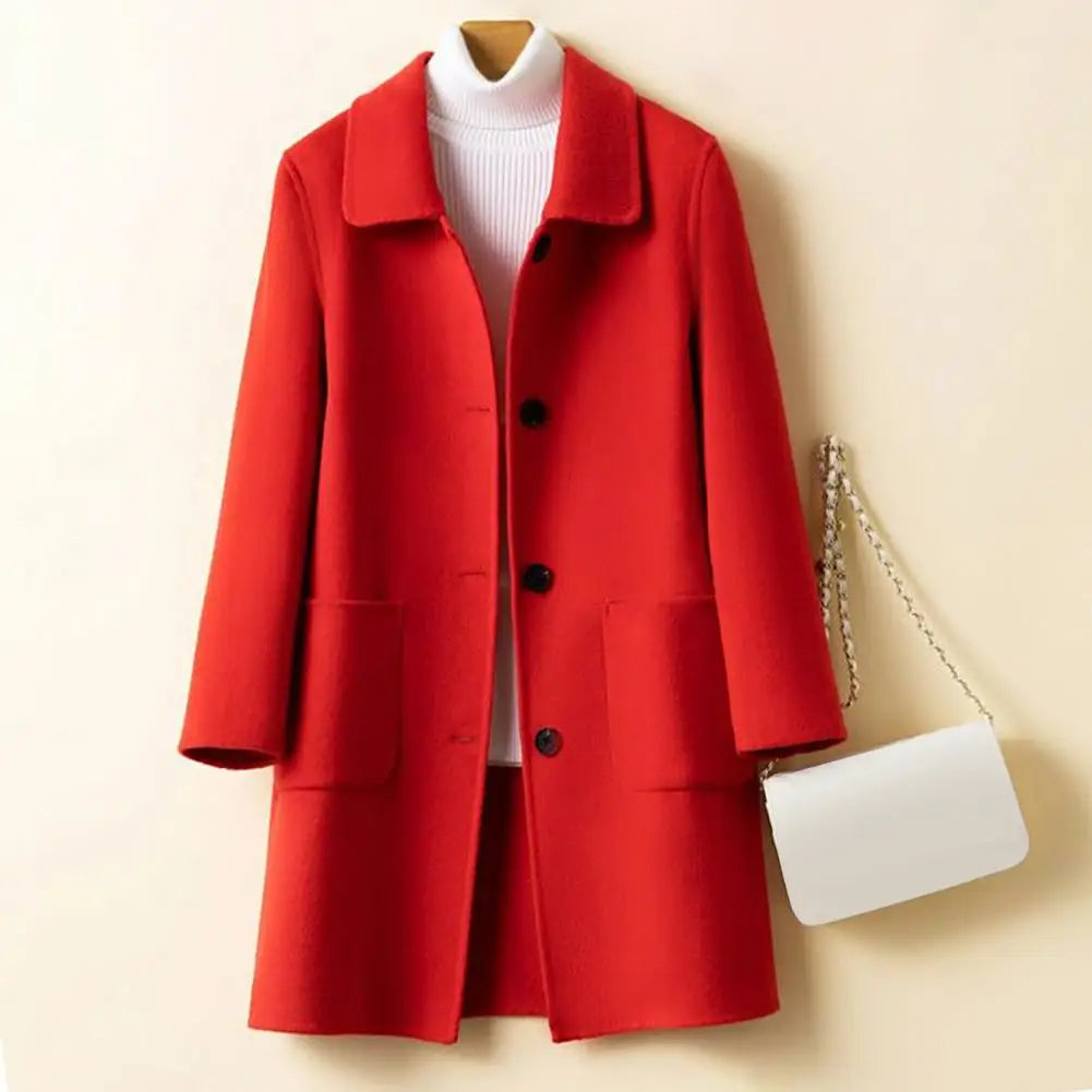 Long-Sleeved Wool Coat with Notched Collar for Women