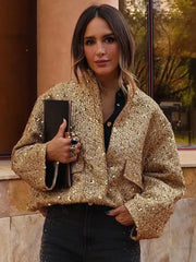 Summer Sequined Bomber Jacket with Elastic Waist and Ribbed Cuffs | Perfect for Special Occasions