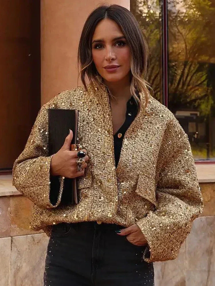 Summer Sequined Bomber Jacket with Elastic Waist and Ribbed Cuffs | Perfect for Special Occasions