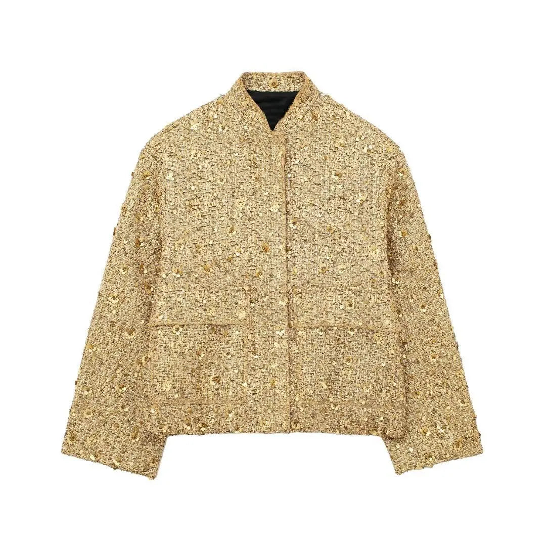 Summer Sequined Bomber Jacket with Elastic Waist and Ribbed Cuffs | Perfect for Special Occasions