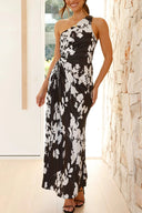 Deja - Floral Pattern One-Shoulder Pleated Maxi Dress