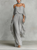 Isabela | Elegant Grey Fluid Ensemble with Spaghetti Straps & Light Trousers